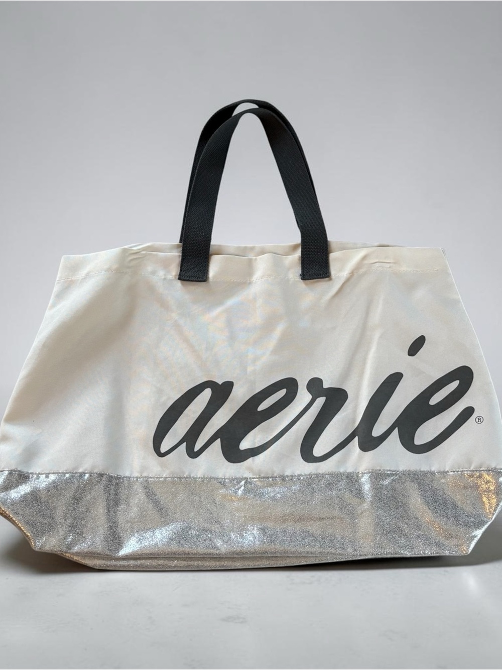 Aerie White Tote with Silver Glitter Base and Black Handles